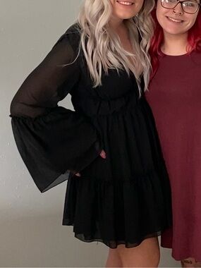 Chiffon Bell-Sleeve Mini Dress in Black